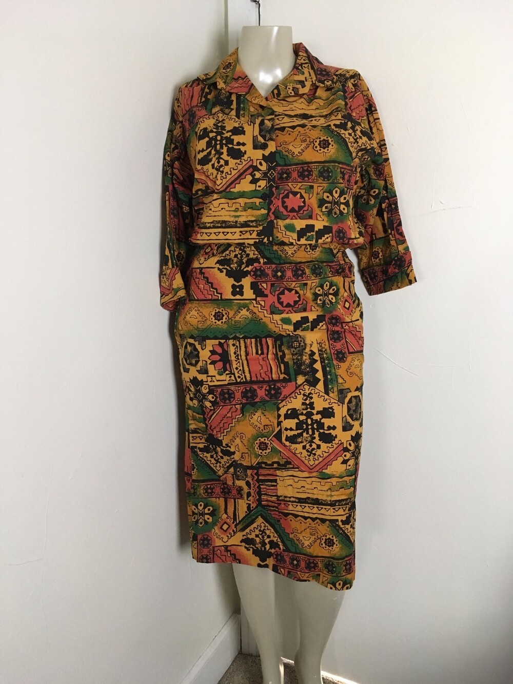 VTG 80s Reina Southwestern Geometric Skirt Suit Set Womens 10 USA Pockets Artsy